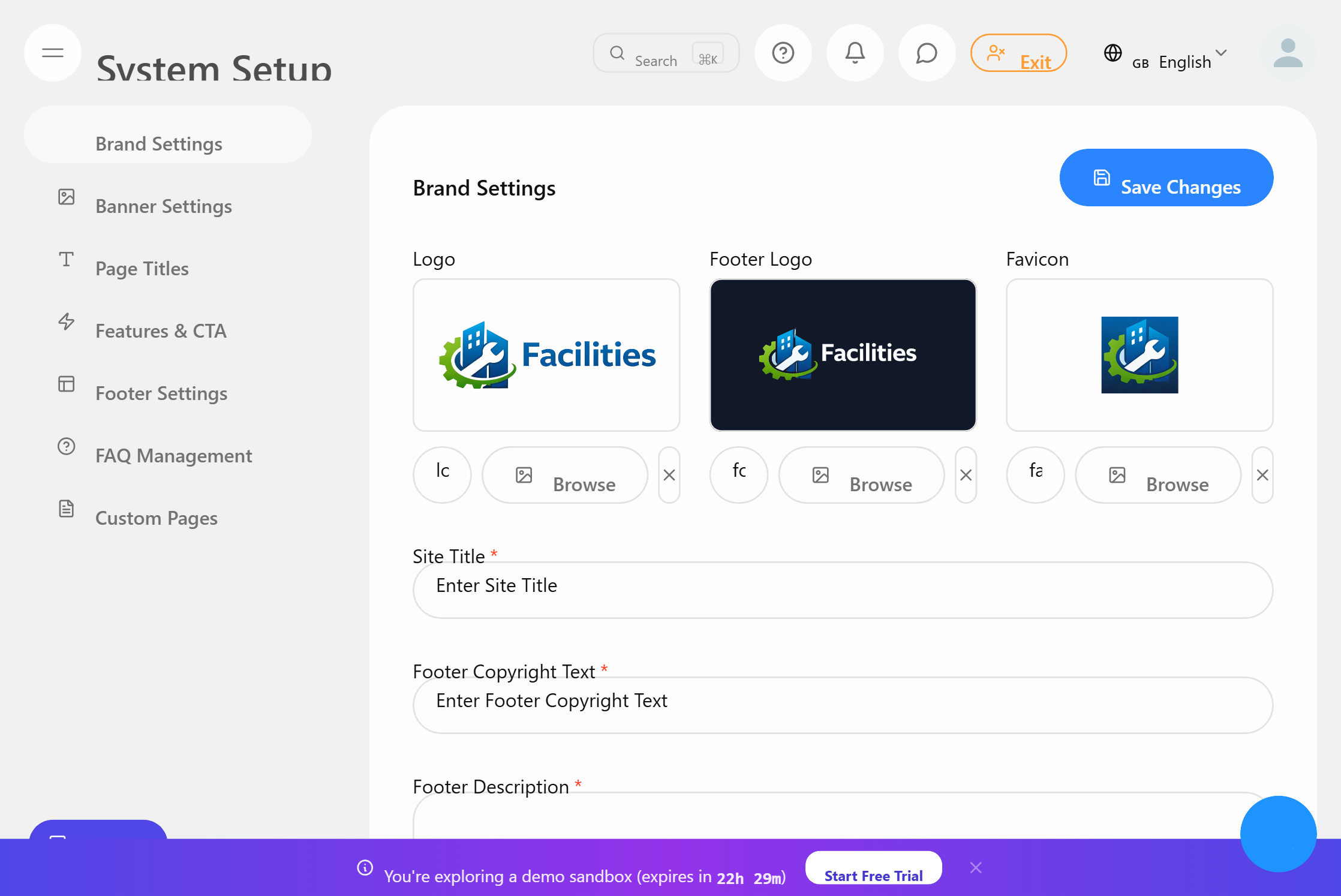 Branding settings — logo, domain, email